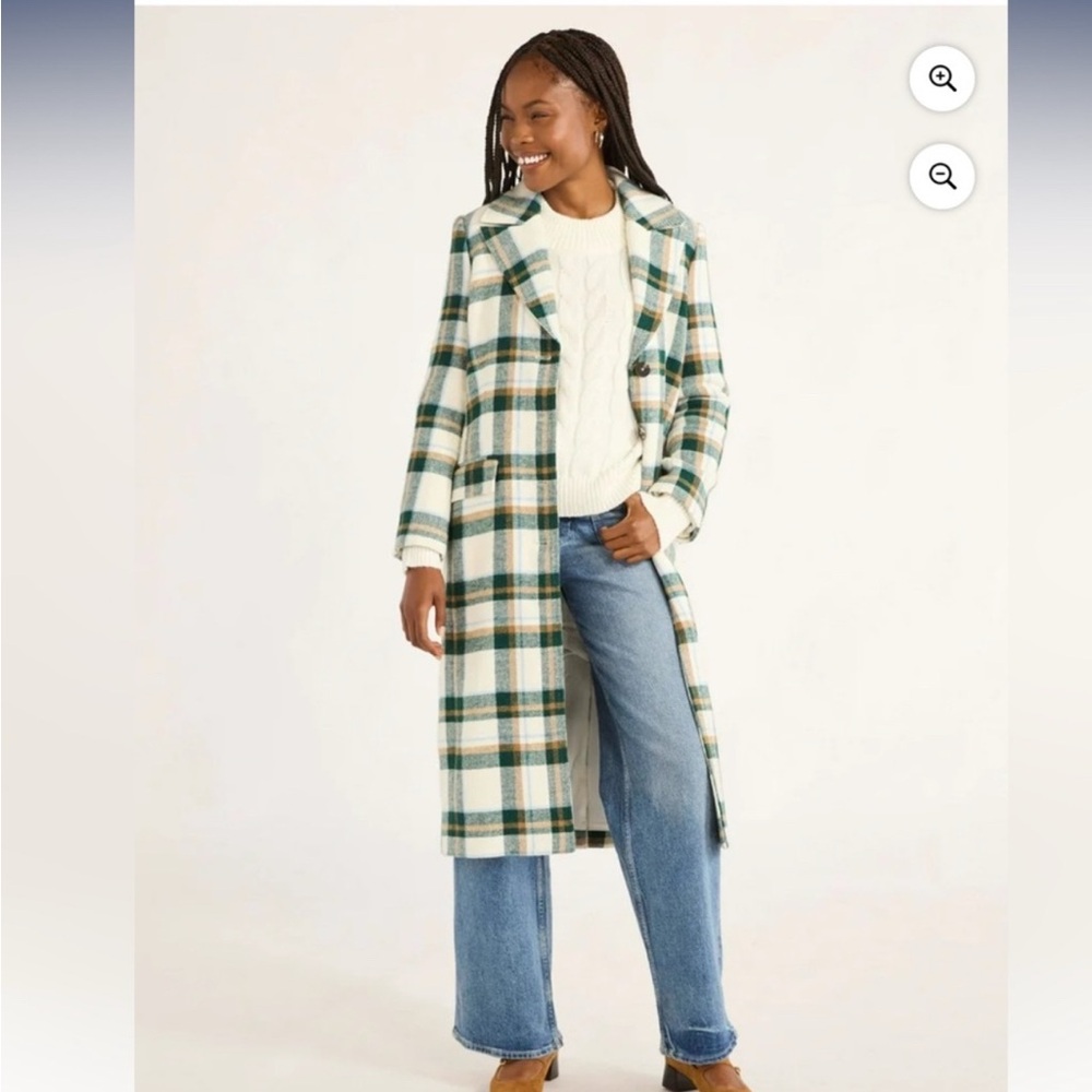 Plaid Women's Pea Coat - Green and White